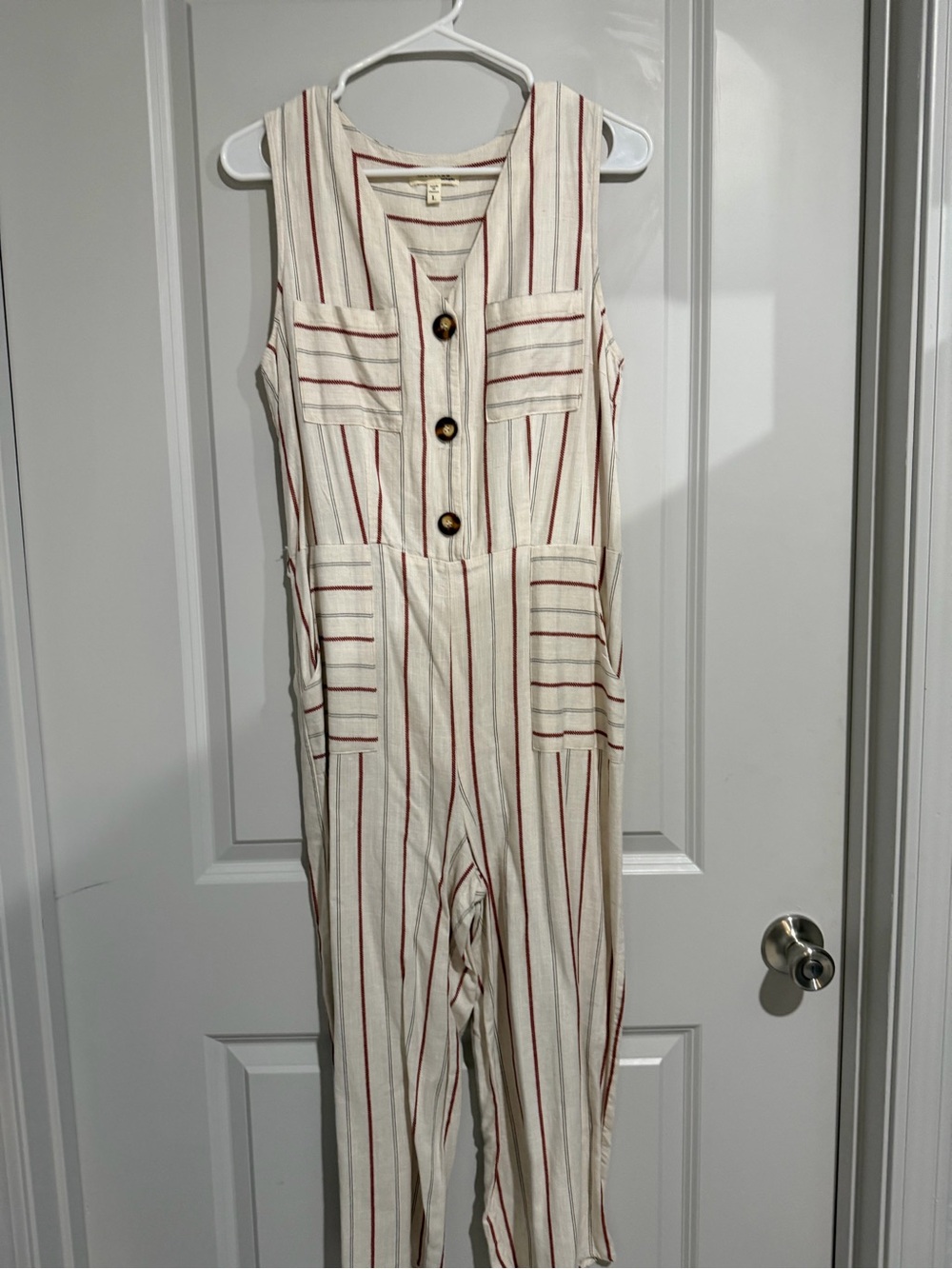 Monteau Cream Jumpsuit with Red Stripes